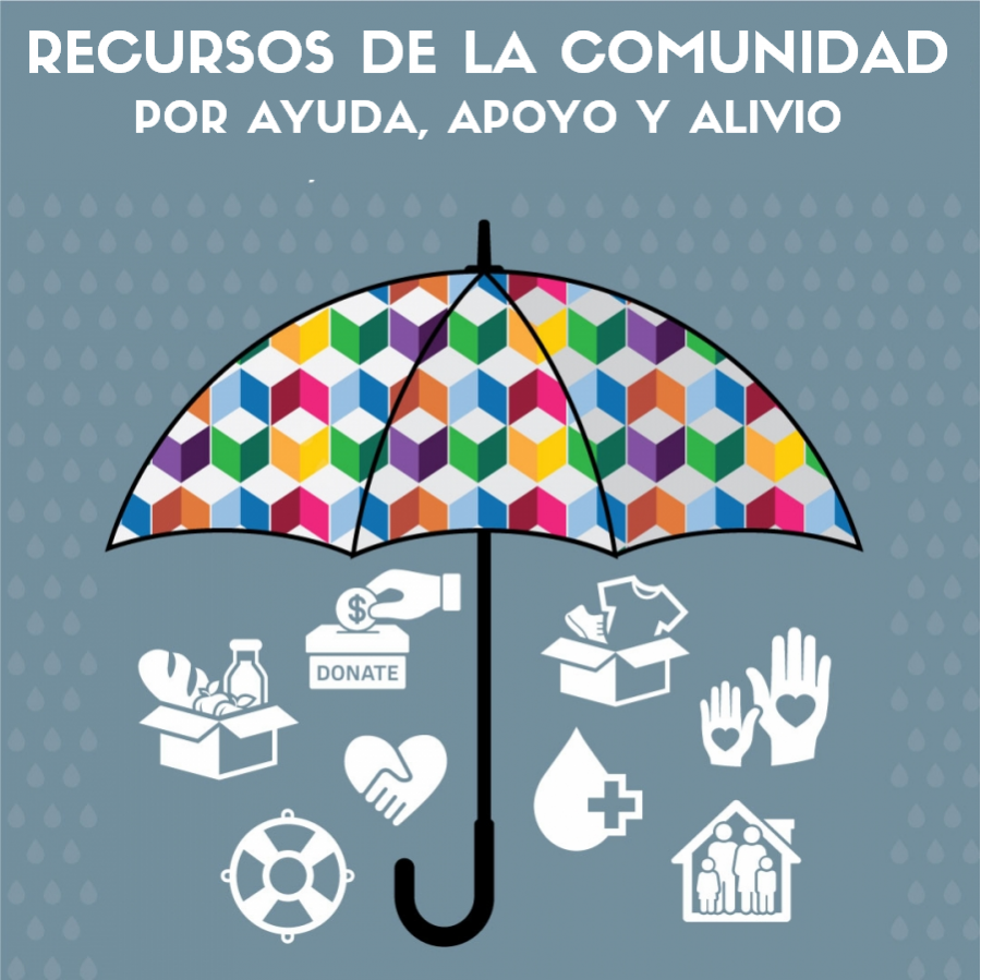 Umbrella image with community resources in Spanish